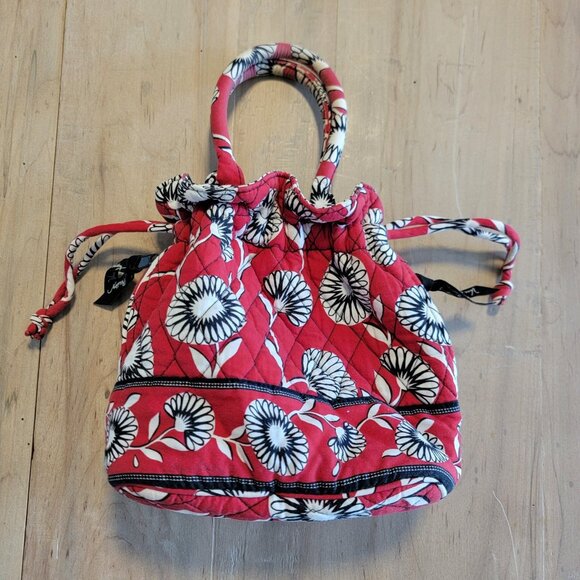 Vera Bradley Tote Purse Red Black White Daisy Dandelion Pull String Side Zip - Picture 1 of 10